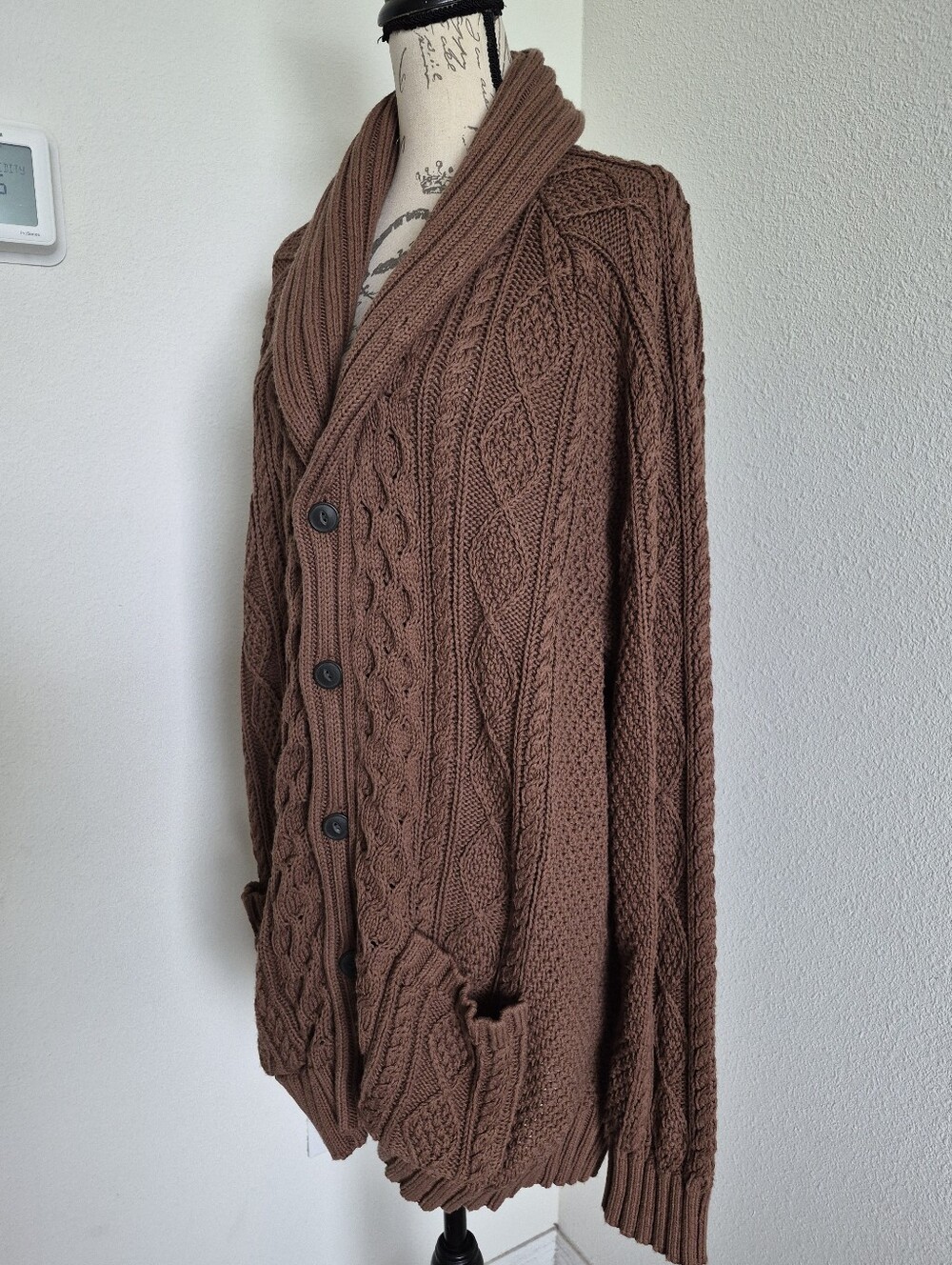 LL Bean Signature Cotton Fisherman Cable Knit Cardigan Sweater XXL Shawl Brown - Picture 10 of 14